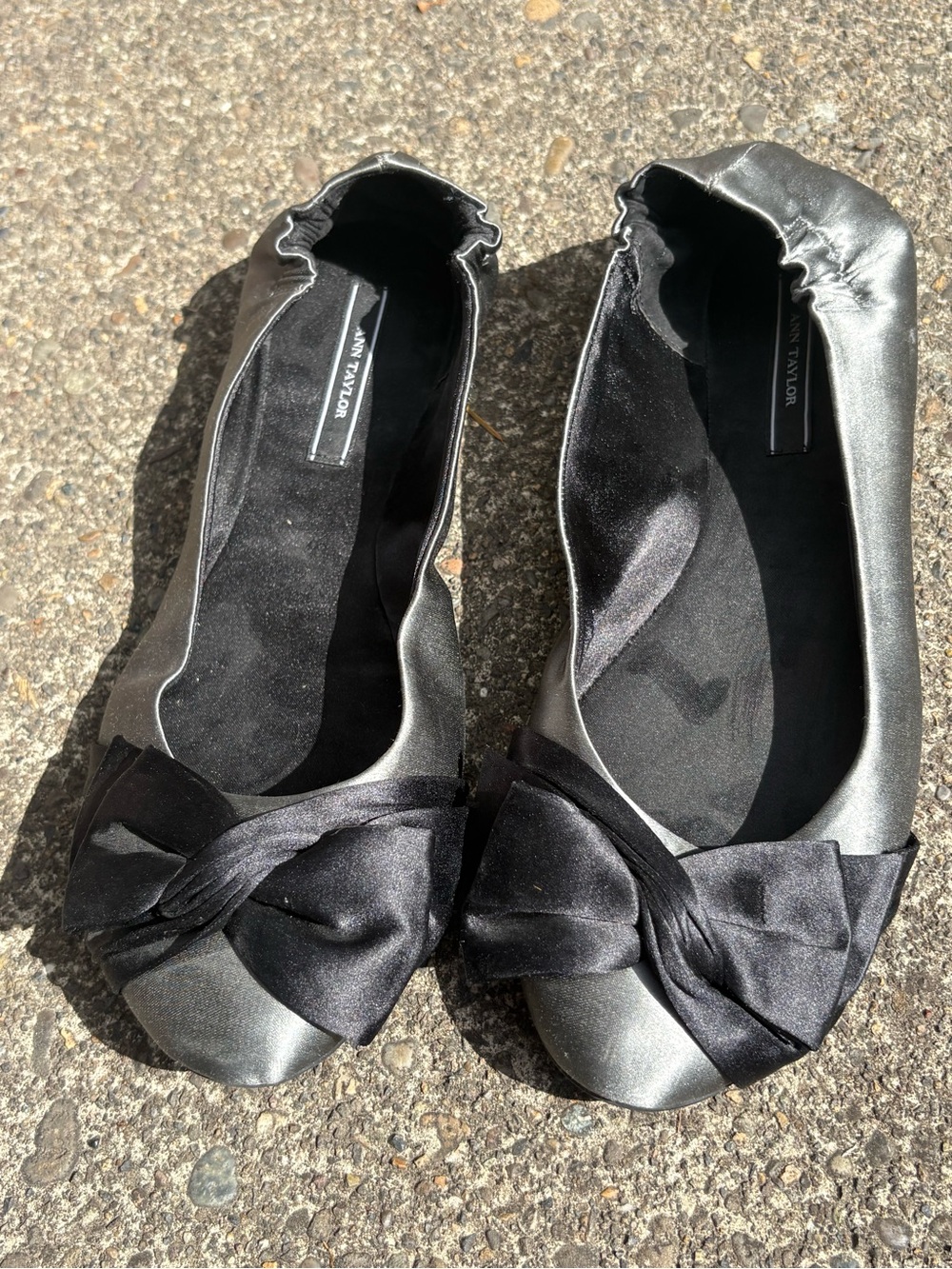 Ann Taylor Satin Silver Ballet Flats with Black Bow